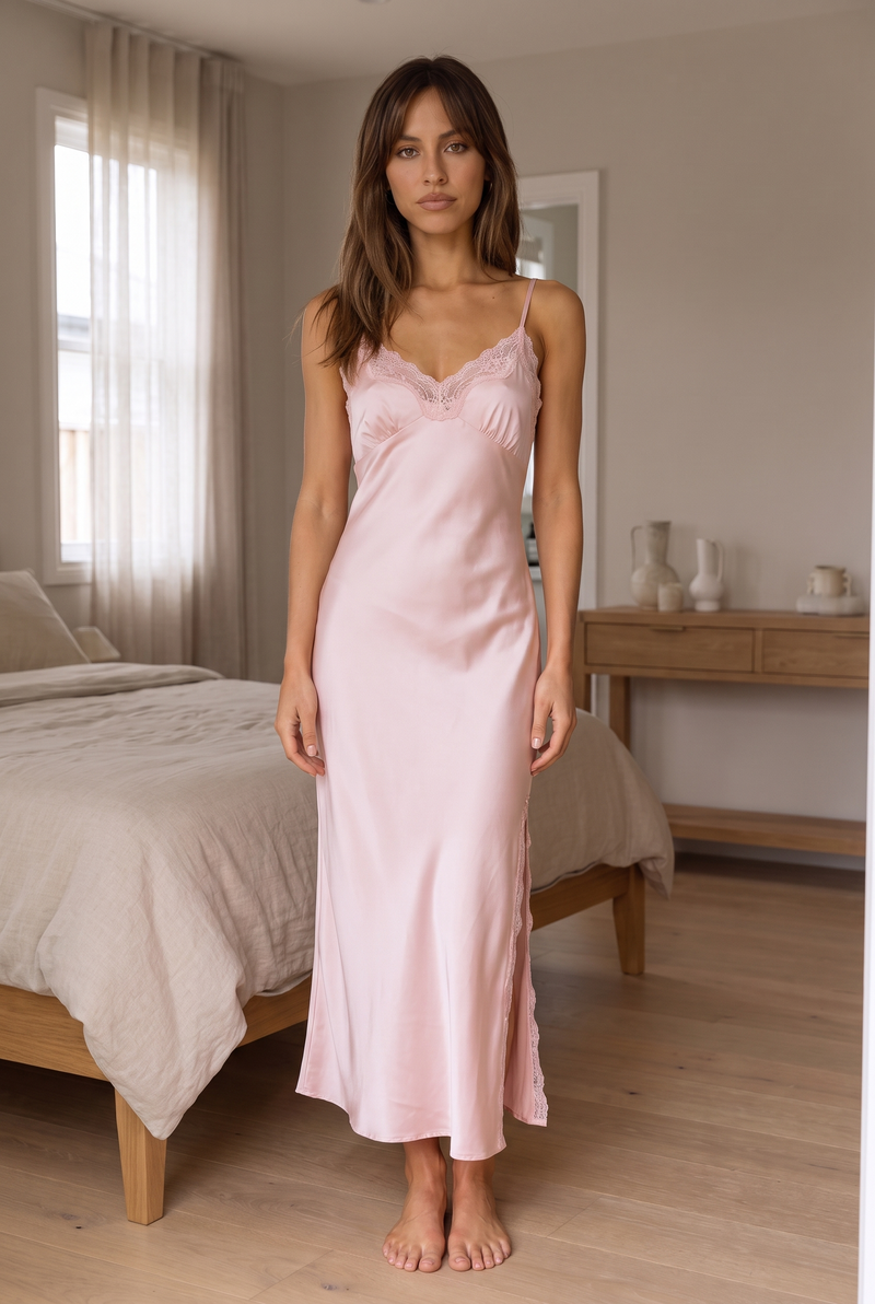 Pink Lace Trim Side Slit Nightdress product image 1