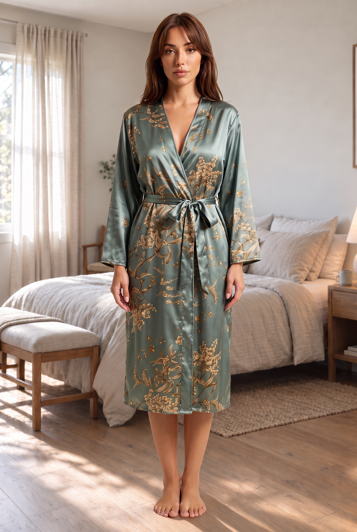 Floral Satin Self Tie Sleep Robe, Green, front view