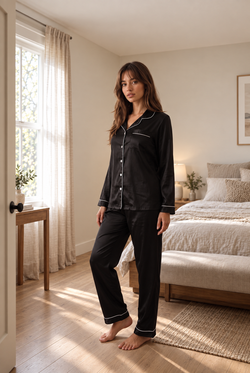 Black Contrast Piping Long Sleeve Pajama Set product image 2