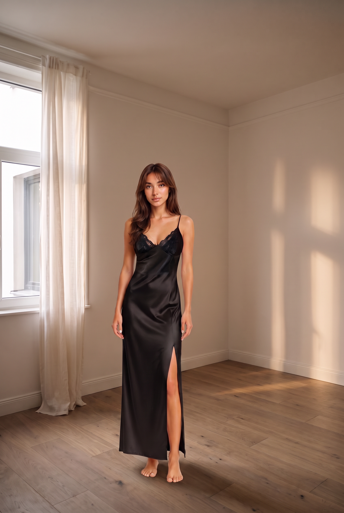 Black Lace Trim Side Slit Nightdress product image 1